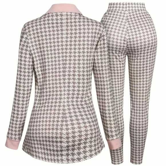 Elegant Houndstooth Print Two-piece Pant Set in Pink/Brown - Picture 2 of 3